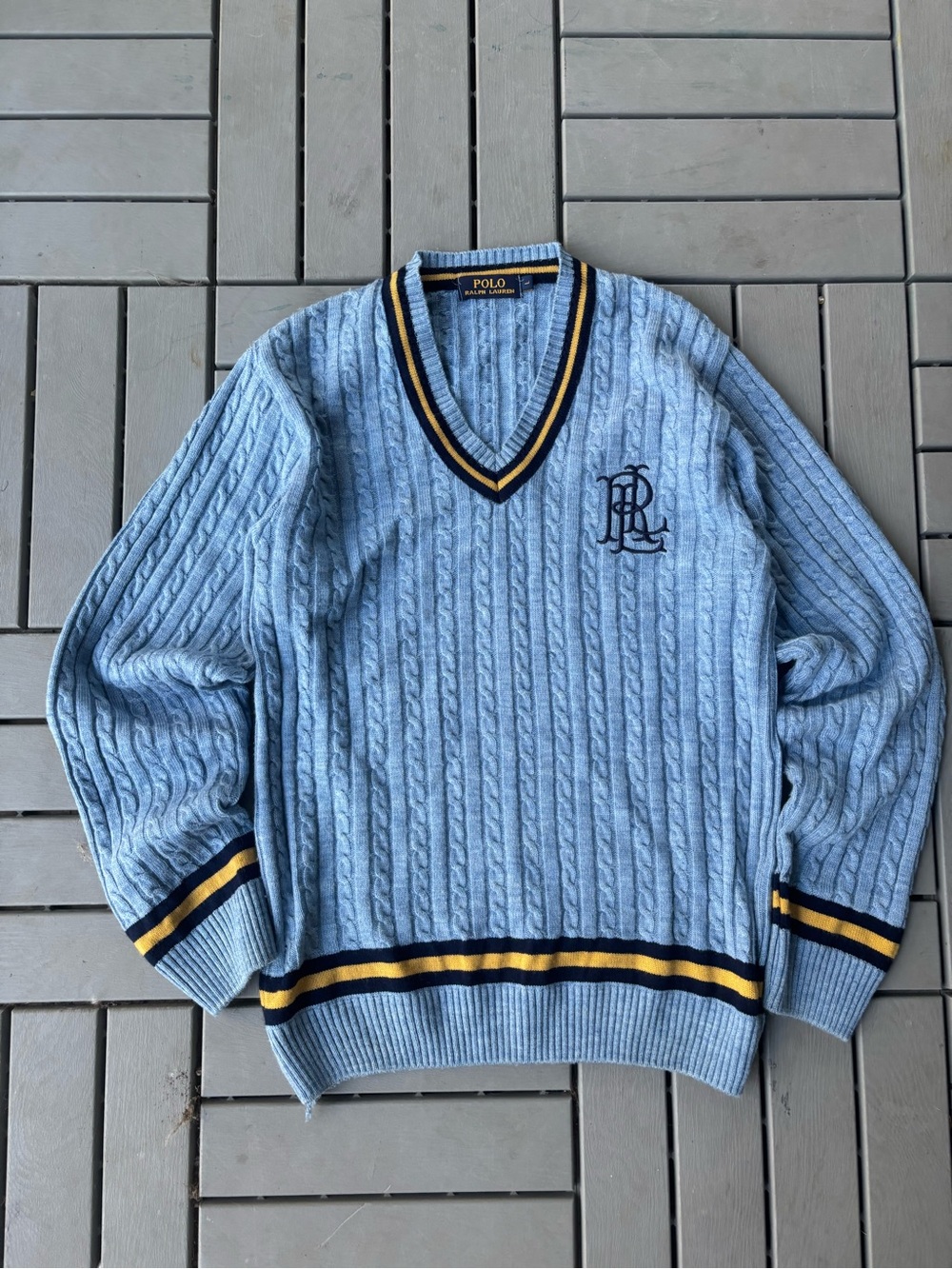 Ralph Lauren Light Blue Cable Knit V-Neck Sweater with Navy & Gold Trim